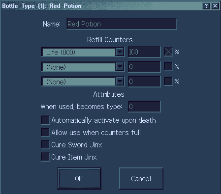 Screenshot of the editor, showing a 'Red Potion' bottle type that restores 100% of the 'Life' counter