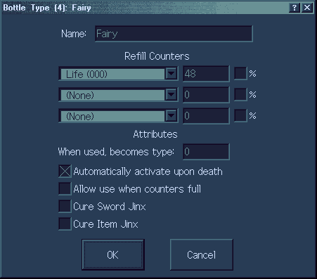 Screenshot of the editor, showing a 'Fairy' bottle type that restores 48 of the 'Life' counter, and is used automatically on death
