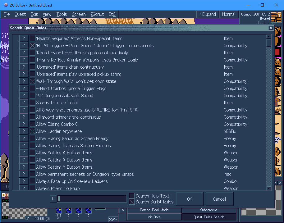 Screenshot of the editor, showing quest rules being searchable now
